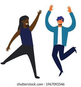 Happy people of different ethnicity dance and jump for joy. The concept of peace, love and happiness to be a woman. Vector illustration on white background
