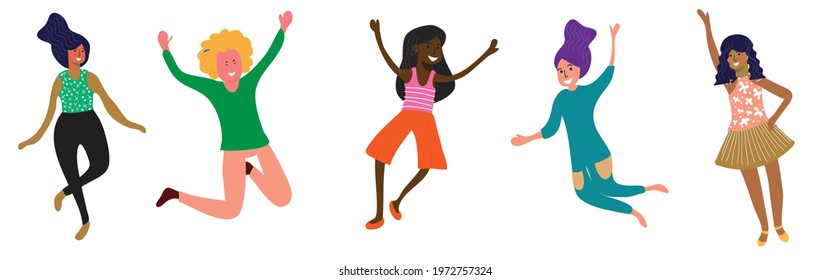 Happy people of different ethnicity dance and jump for joy. The concept of peace, love and happiness to be a woman. Vector illustration on white background
