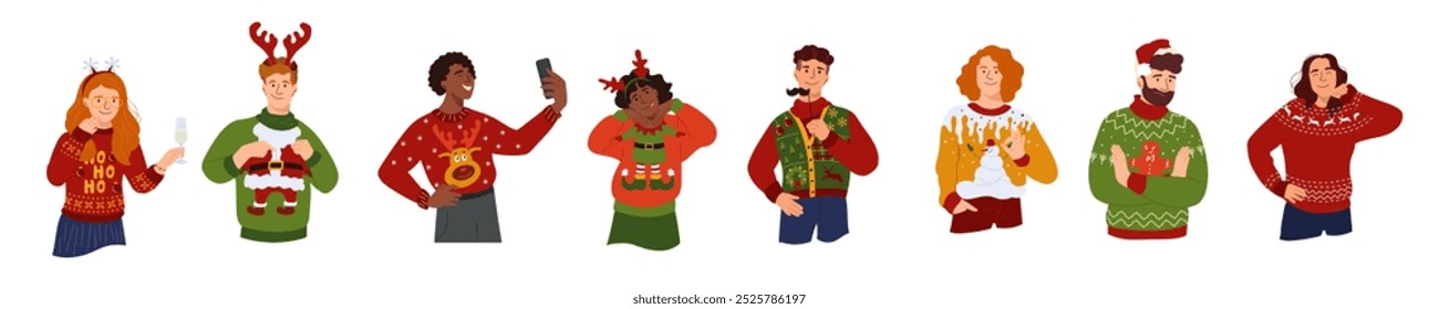 Happy people in different festive ugly sweater and headband with deer antlers Joyful men and women in garish Christmas sweater exudes holiday cheer Vector character in winter clothes traditional print