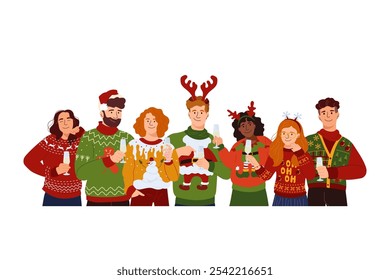 Happy people in different festive ugly sweater Template for design Vector holidays illustration with joyful fun character. Cute friends with garish Christmas sweater for print, flyer, banner