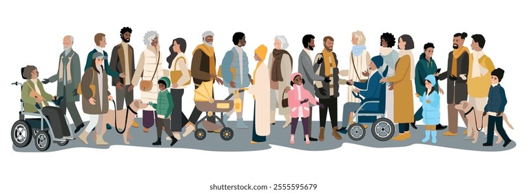 Happy people of different gender, age and race standing and chatting together. Large group of diverse and active people. Vector illustration on white background.