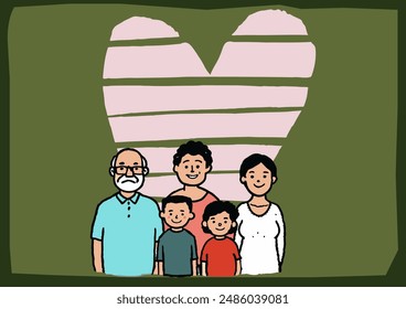Happy people of different generations together. Senior family with heart frame background. 
