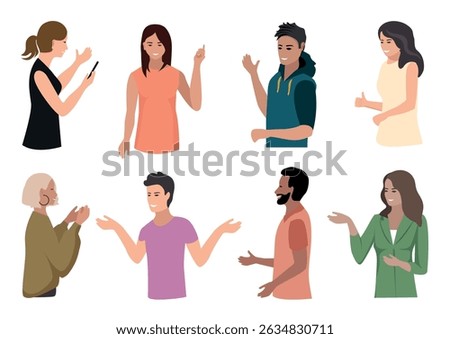 Happy people with different gestures. Men and women gesture, support and express their emotions. Vector set on white background.