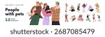 Happy people with different pets set. Home animal owners holding and caring for dog, cat, parrot, hamster, turtle, exotic iguana, boa snake, owl. Flat vector illustration isolated on white background