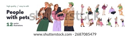 Happy people with different pets set. Home animal owners holding and caring for dog, cat, parrot, hamster, turtle, exotic iguana, boa snake, owl. Flat vector illustration isolated on white background