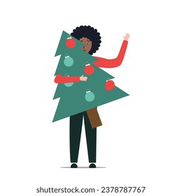 Happy people in different poses holding a Christmas tree. Waiting for the New Year holidays.