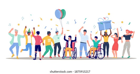 Happy people with disabilities dancing, flat vector illustration. Birthday party. Disabled man and woman in wheelchairs having fun together with friends. Disabled people lifestyle.