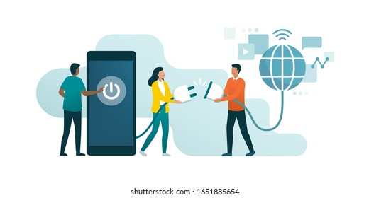 Happy People Disconnecting And Doing A Digital Detox, They Are Unplugging The Phone And Being Offline