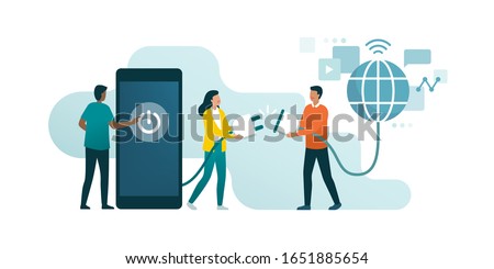 Happy people disconnecting and doing a digital detox, they are unplugging the phone and being offline [[stock_photo]] © 