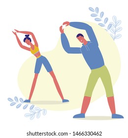 Happy People do Fitness Flat Vector Illustration. Young Couple, Yoga instructor and Student Cartoon Characters. Smiling Husband and Wife in Pilates Class. Gymnastic Stretch, Flexibility Training