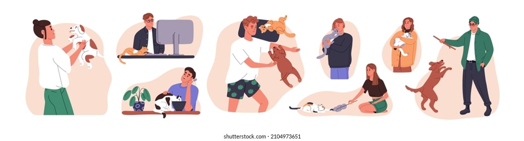 Gente feliz con perros y gatos. Propietarios de mascotas. Vida de hombres y mujeres con animales domésticos, adorables perros y gatitos, caminando y jugando. Ilustraciones gráficas planas vectoriales aisladas en fondo blanco