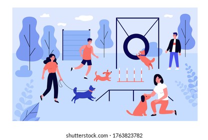 Happy people with dogs at city park flat vector illustration. Cartoon pets jumping, running, walking, playing, training at dog area. Animals and activity concept