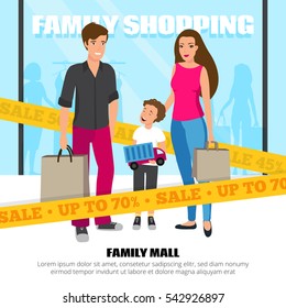 Happy people doing family shopping in mall cartoon vector illustration