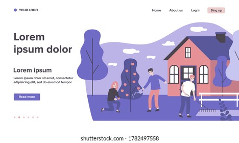 Happy people doing garden works. Watering apple tree, using rakes, country house flat vector illustration. Outdoor activity, gardening concept for banner, website design or landing web page