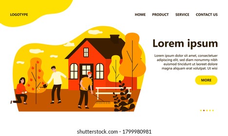 Happy people doing garden works. Watering apple tree, using rakes, country house flat vector illustration. Outdoor activity, gardening concept for banner, website design or landing web page