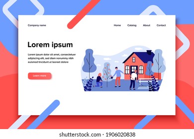 Happy people doing garden works. Watering apple tree, using rakes, country house flat vector illustration. Outdoor activity, gardening concept for banner, website design or landing web page