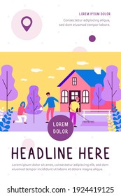 Happy people doing garden works. Watering apple tree, using rakes, country house flat vector illustration. Outdoor activity, gardening concept for banner, website design or landing web page