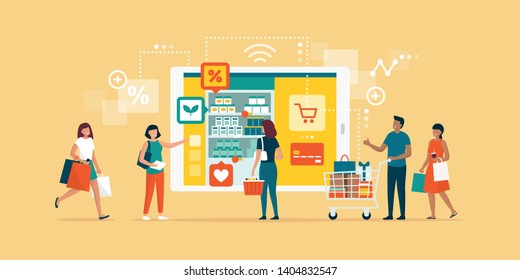 Happy people doing grocery shopping online and shopping smartphone app: technology, retail and communication concept