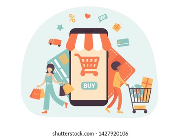 Happy people doing online shopping and carrying shopping bags, they used a mobile app on a smartphone and purchased goods in a virtual store. Flat vector illustration.