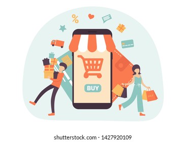 Happy people doing online shopping and carrying shopping bags, they used a mobile app on a smartphone and purchased goods in a virtual store. Flat vector illustration.