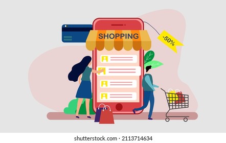 Happy people doing online shopping and carrying shopping bags, they used a mobile app on a smartphone and purchased goods in a virtual store.