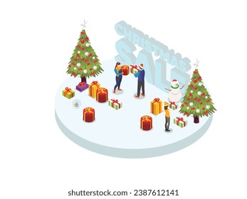 Happy people doing shopping during christmas sale isometric 3d vector illustration concept for banner, website, landing page, flyer, greeting card, etc