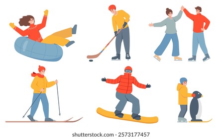 Happy people doing sport in winter. Tubing, hockey, skiing, snowboarding, figure skating. Snowy winter season outdoor activity set. Vector character icons illustration isolated on white background.