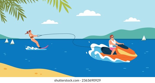 Gente feliz haciendo deporte acuático durante las vacaciones de verano, ilustración vectorial plana