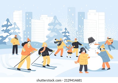 Happy people doing winter activities in park. Families skating in cold weather, children making snowman, man and woman playing snowballs flat vector illustration. Outdoor activity, winter concept