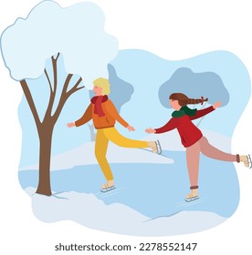 Happy people doing winter activities in park. Families skating in cold weather, man and woman playing. flat vector illustration. Outdoor activity, winter concept