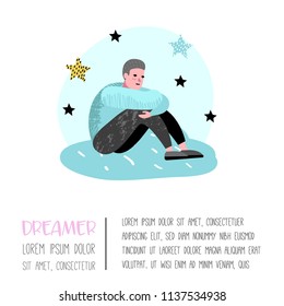 Happy People Dreaming about Something Poster, Banner, Brochure. Man Dream about Future. Joyful Cartoon Characters. Vector illustration