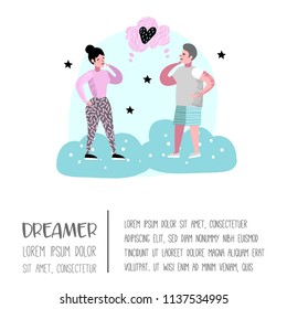 Happy People Dreaming about Something Poster, Banner, Brochure. Woman and Man Dream about Future. Joyful Cartoon Characters. Vector illustration