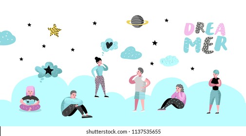 Happy People Dreaming about Something Poster, Banner, Brochure. Young Man Thinking. Woman Dream about Future. Joyful Cartoon Characters. Vector illustration