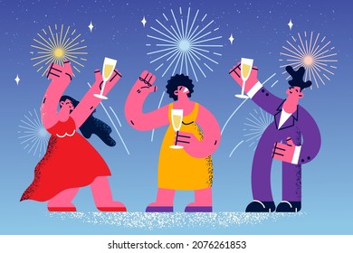 Happy people drink champagne celebrate New Year together. Smiling men and women have fun enjoy Christmas party or celebration with fireworks. Festive time. Flat vector illustration. 