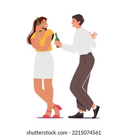 Feliz bebida popular en una fiesta. Trabajadores de oficina o amigos con botellas de cerveza alegría y diversión. Alegres Empleados Empresariales Jóvenes Caracteres Hipster Masculino y Femenino Clinking. Ilustración del vector de dibujos animados