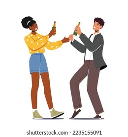 Gente feliz bebe sobre el concepto de fiesta. Trabajadores de oficina o amigos se alegran, empleados corporativos alegres personajes jóvenes hombres y mujeres en ropa informal bailan con botellas de cerveza. Ilustración del vector de dibujos animados