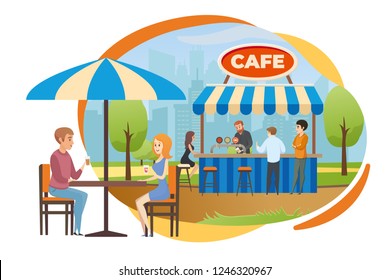 Happy People Drinking Beverages at Table in Street Cafe, Fast Food Bar or Restaurant with Summer Outdoor Seating Flat Horizontal Vector Illustration Isolated on White Background. Leisure in City Park