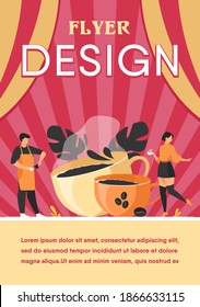 Happy people drinking black coffee. Barista making espresso among cups and beans for coffee shop customer. Flat vector illustration for beverage, morning, coffee concept