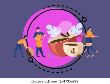 Happy people drinking black coffee. Barista making espresso among cups and beans for coffee shop customer. Flat vector illustration for beverage, morning, coffee concept