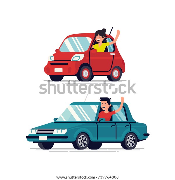 Happy people driving cars and waving hands. Cool\
flat vector male and female driver characters with cars looking out\
of windows smiling