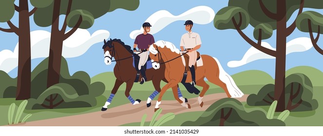 Happy people during horse ride. Men friends on stallions backs, trotting, running in forest. Horseback riders horseriding in nature. Equestrians at summer stroll in woods. Flat vector illustration