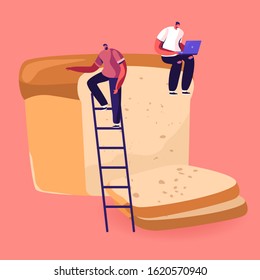 Happy People Eating Bakery and Fresh Bread Concept. Tiny Man Sitting on Huge Tommy Loaf with Laptop in Hands Searching Info about Carb Products and Baked Production. Cartoon Flat Vector Illustration