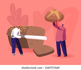 Happy People Eating Bakery. Tiny Man Slicing Huge Brown Tommy with Knife, Male Character Holding Baked Sweet Bun in Hands. Bakery Production and Fresh Bread Concept. Cartoon Flat Vector Illustration