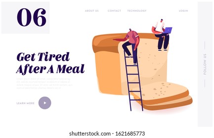 Happy People Eating Bakery Website Landing Page. Tiny Man Sitting on Huge Loaf of Fresh Bread Working on Laptop. Carb Products and Baked Production Web Page Banner. Cartoon Flat Vector Illustration