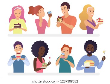 Happy People Eating Pie And Cakes Set. Sweet-tooth Man And Woman Cartoon Vector Illustration.