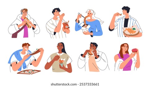 Happy people eating unhealthy snacks, fast junk food, set. Hungry man and woman enjoying burgers, fries, pizza, noodles, biting sandwich, crisps. Flat vector illustration isolated on white background