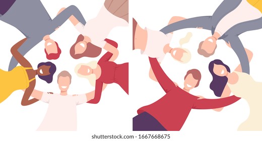 Happy People Embracing Together in Circle Set, Low Angle View Flat Vector Illustration