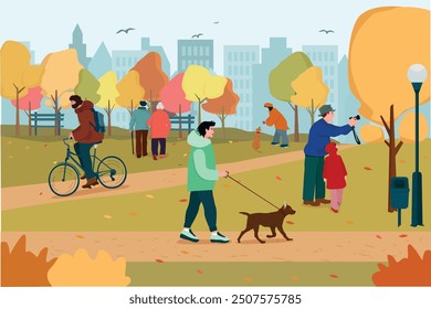 La gente feliz disfruta del parque del otoño, caída de la hoja, naturaleza. Diversos tipos de actividades al aire libre. Ilustración vectorial.