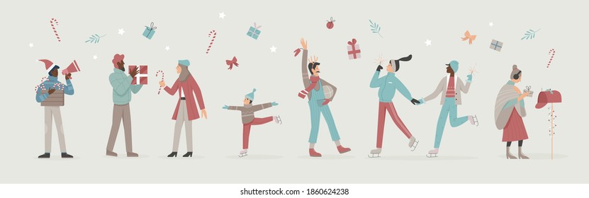 Happy people enjoy Christmas time vector illustration set. Cartoon active characters celebrate winter holidays with xmas gifts, sparklers and Christmas decorations, skate on ice rink background