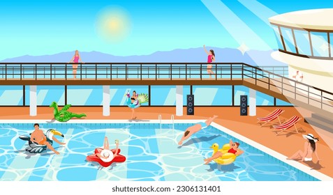 Happy people enjoy in luxury cruise ship resort. Summer time vacation in swimming pool on deck ship. Young people, women, men with inflatable circle animal have fun on pool party. Vector illustration